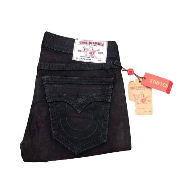 BRAND New True Religion Jeans Size 32 STRAIGHT BIG T Black/Red - Picture 1 of 16